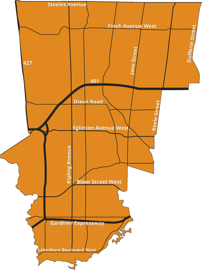 a visual representation of the Toronto West LIP's catchment area in Toronto, which runs roughly from Keele to the city limits, Steeles to the waterfront.